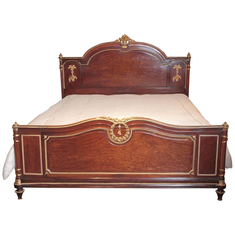 19th Century French Louis XVI King Size Mahogany and Gilt Bronze Bed at