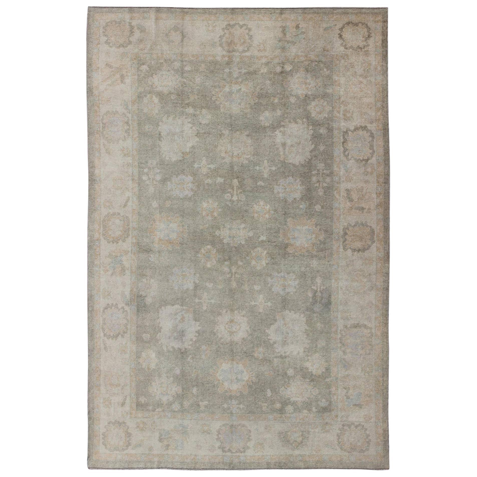 Large Turkish Oushak Rug with Large-Scale Blossom Design in Pale Moss Green For Sale