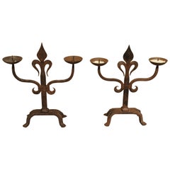 Pair of French Fleur De Lys Forged Iron Candelabras