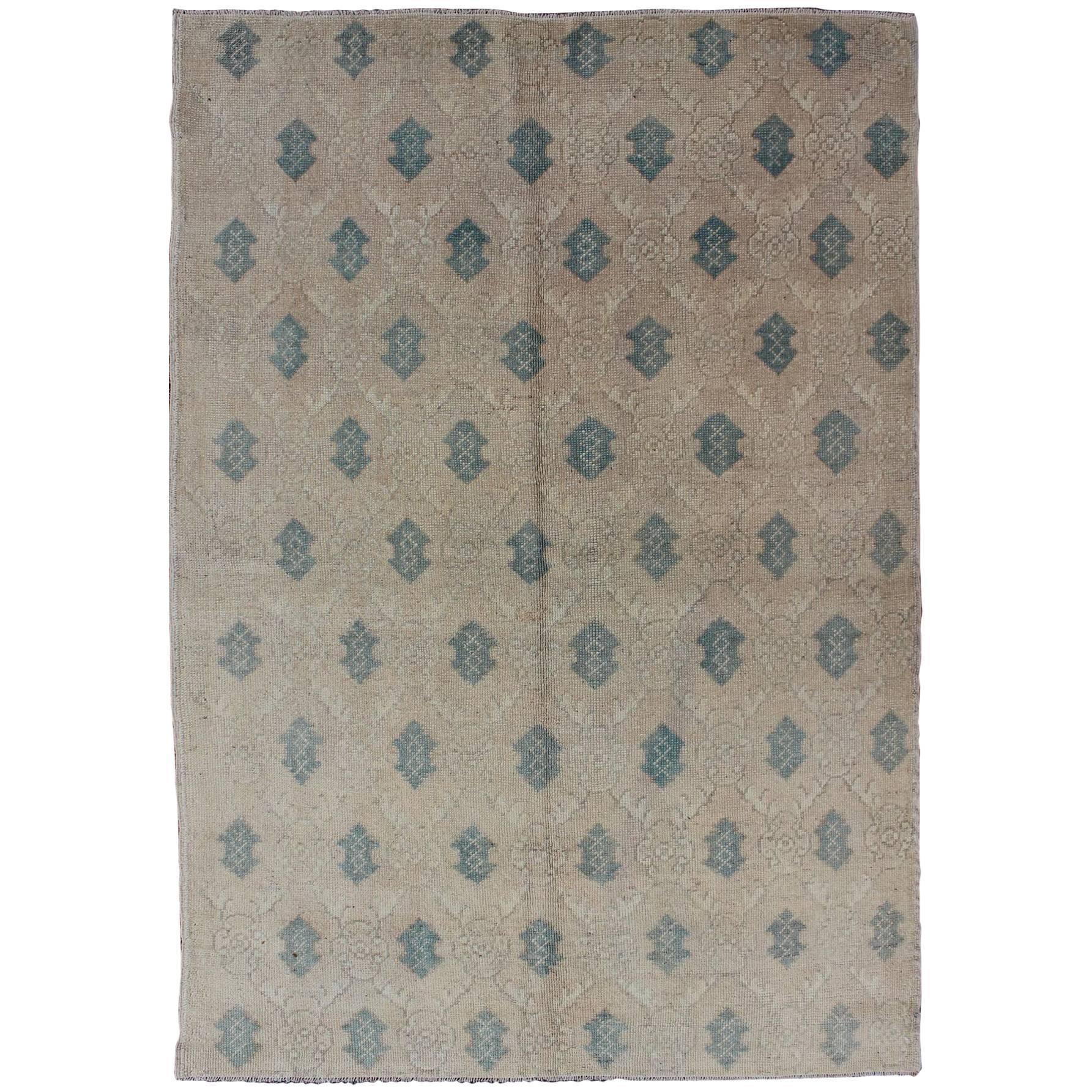 All-Over Design Vintage Turkish Oushak Rug in Shades of Cream and Teal
