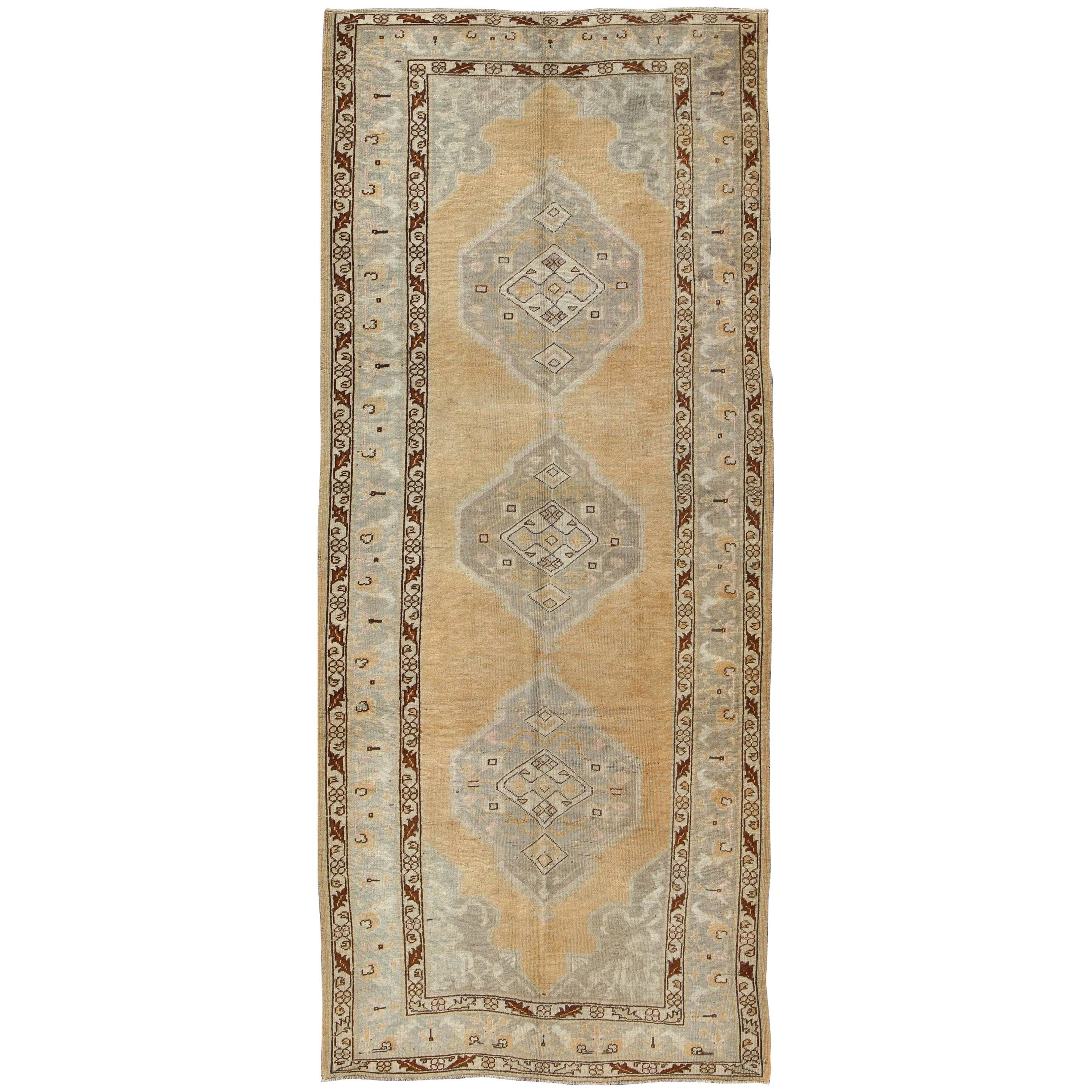 Vintage Turkish Oushak Runner in Taupe, Brown, Peach, Light Green