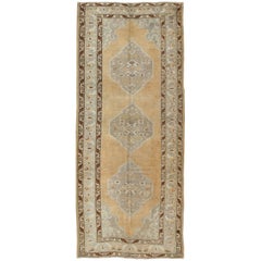 Vintage Turkish Oushak Runner in Taupe, Brown, Peach, Light Green