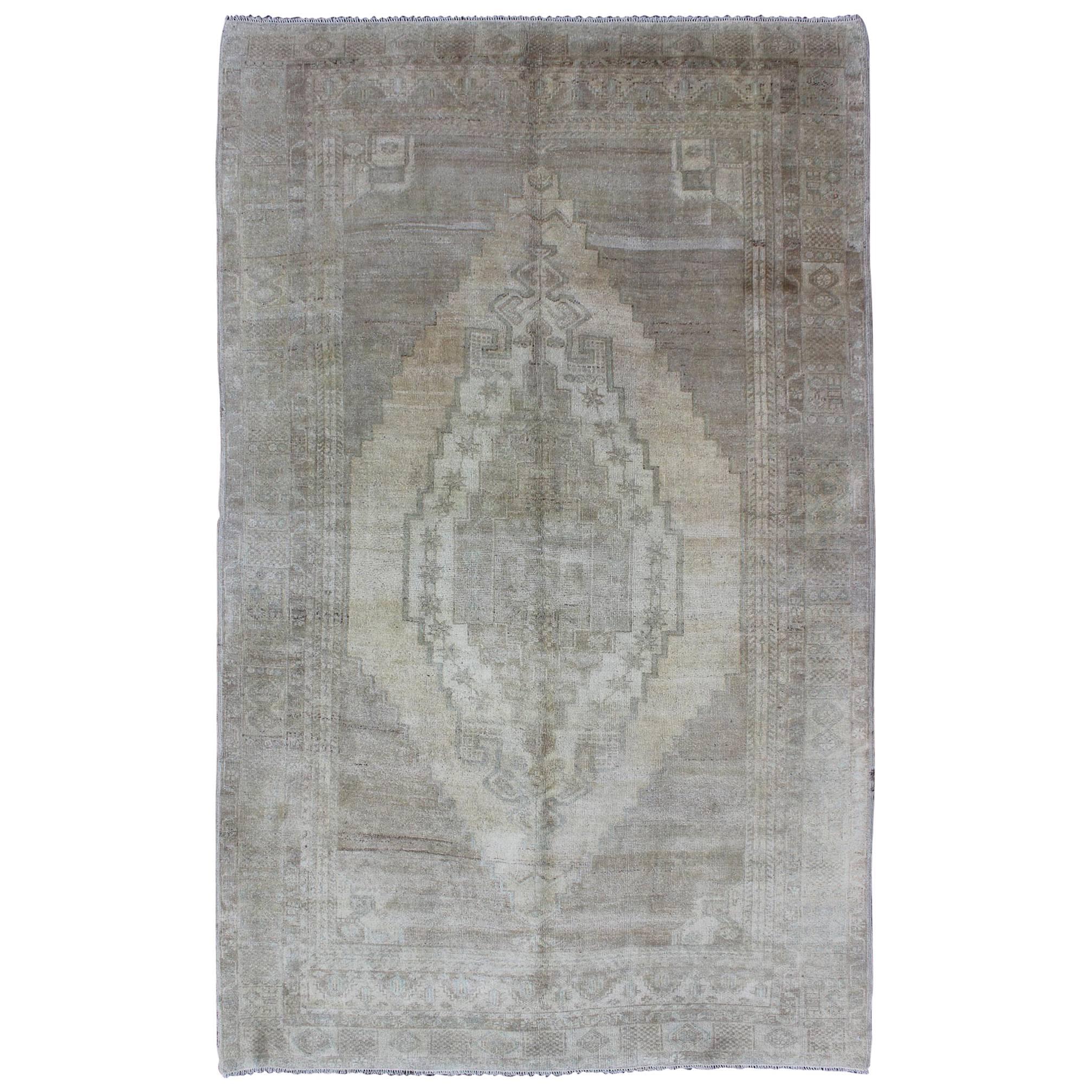 Shades of Gray Oushak Vintage Rug from Turkey with Layered Medallion For Sale