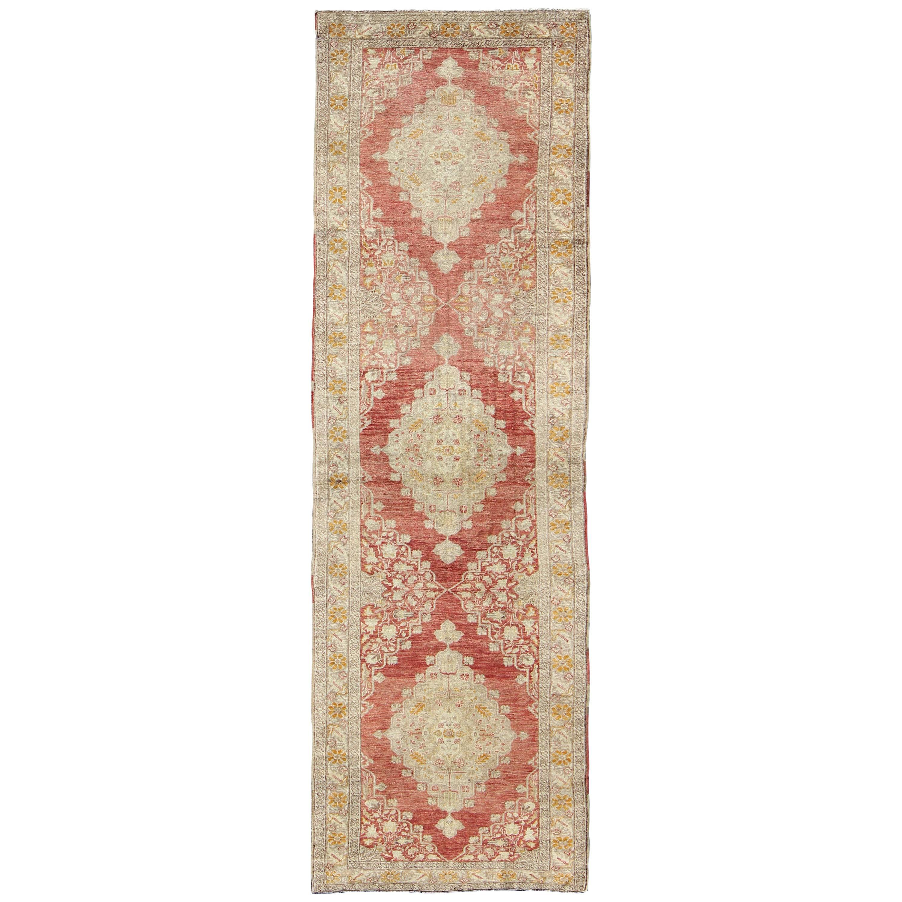 Antique Turkish Oushak Runner with Red Background and Ivory/Cream Medallions For Sale