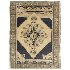 Vintage Turkish Oushak Rug with Stylized Medallion in Midnight Blue and Cream