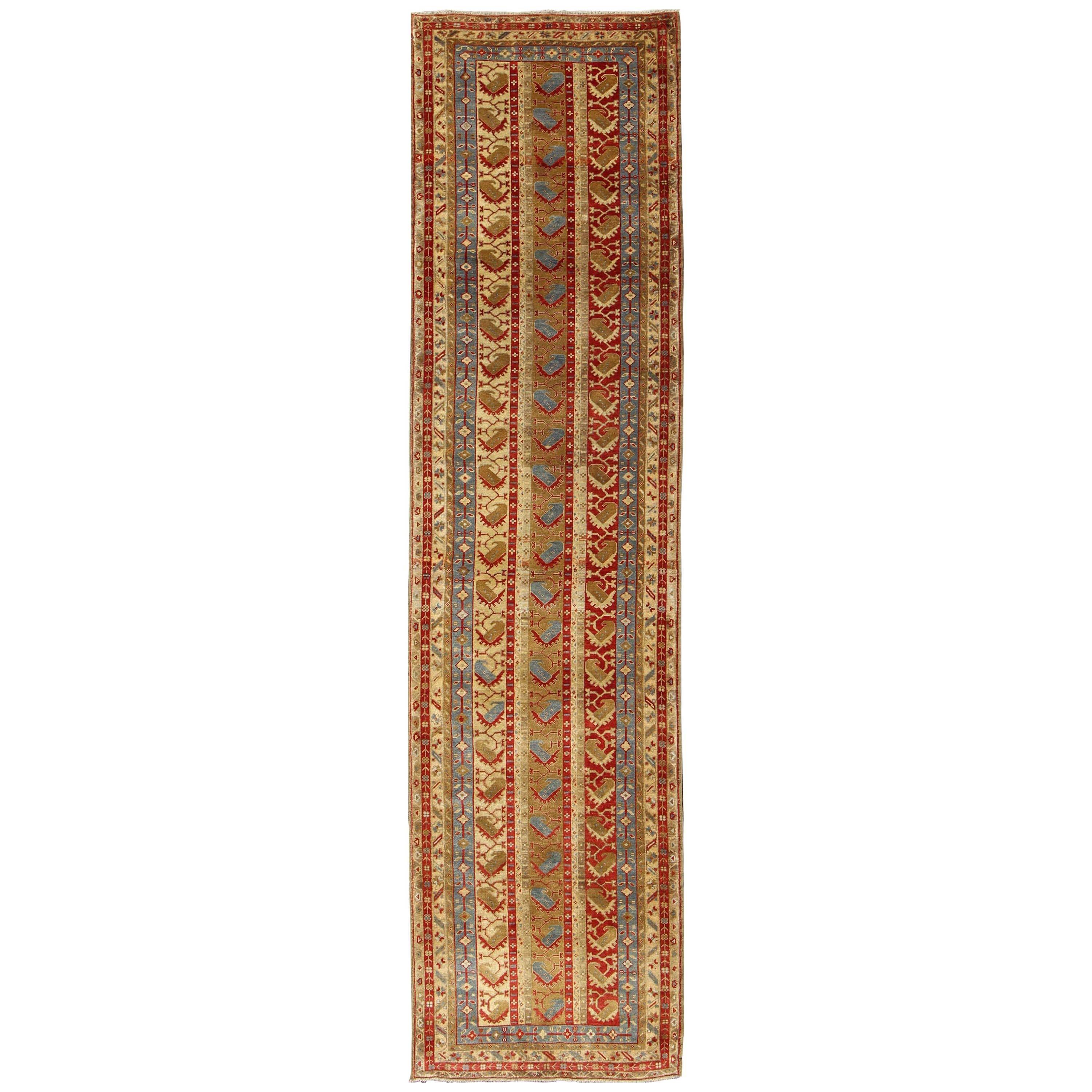 Colorful and Unique Antique Turkish Oushak Runner with Stripes Design