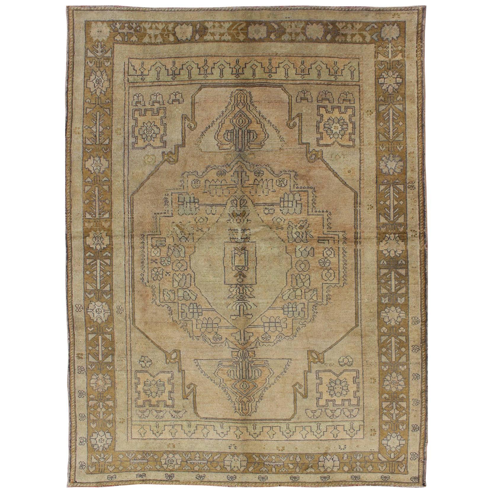 Vintage Turkish Oushak Rug in Soft Tones and Neutral Colors