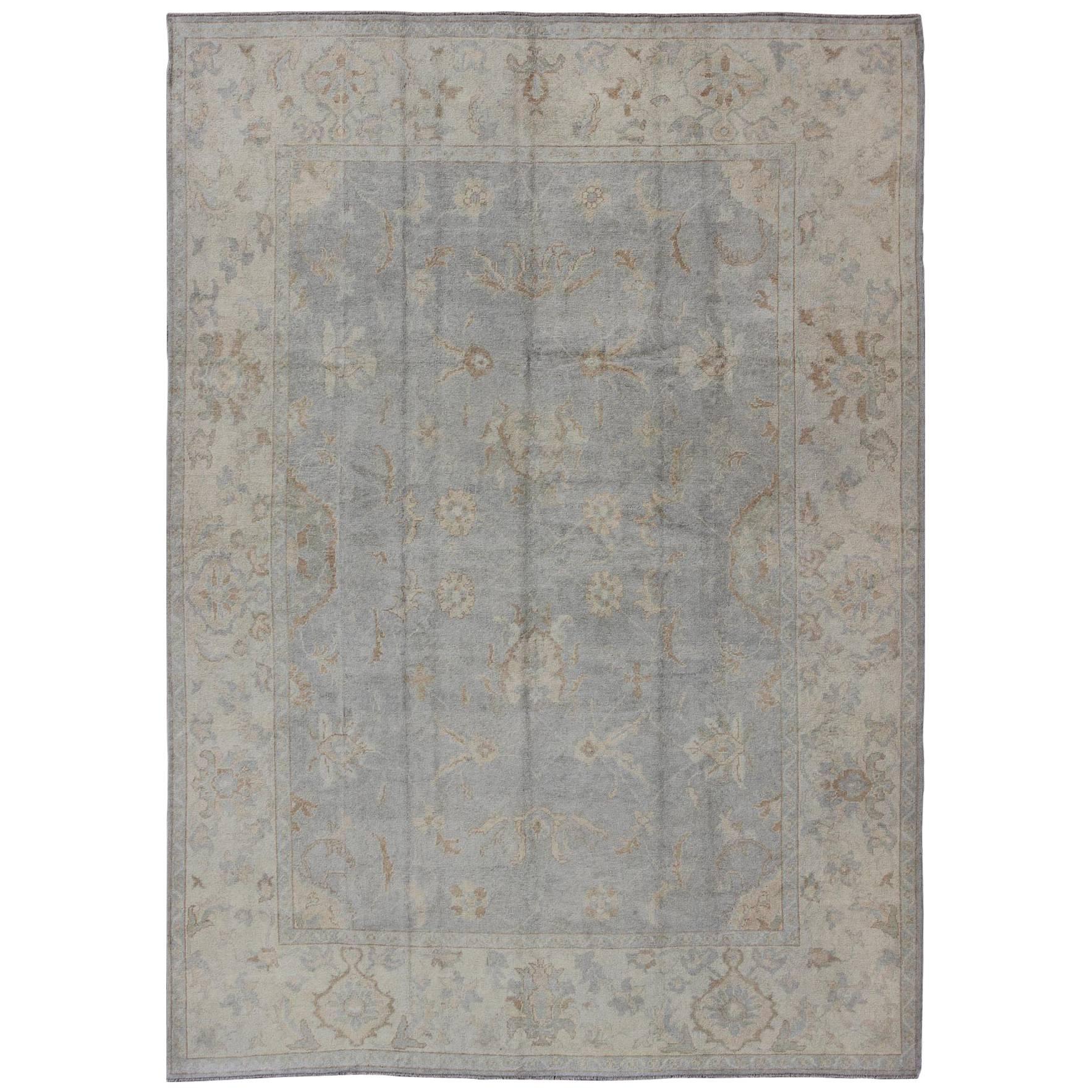 Faded Turkish Oushak Rug with All-Over Vining Floral Design in Grey and Cream