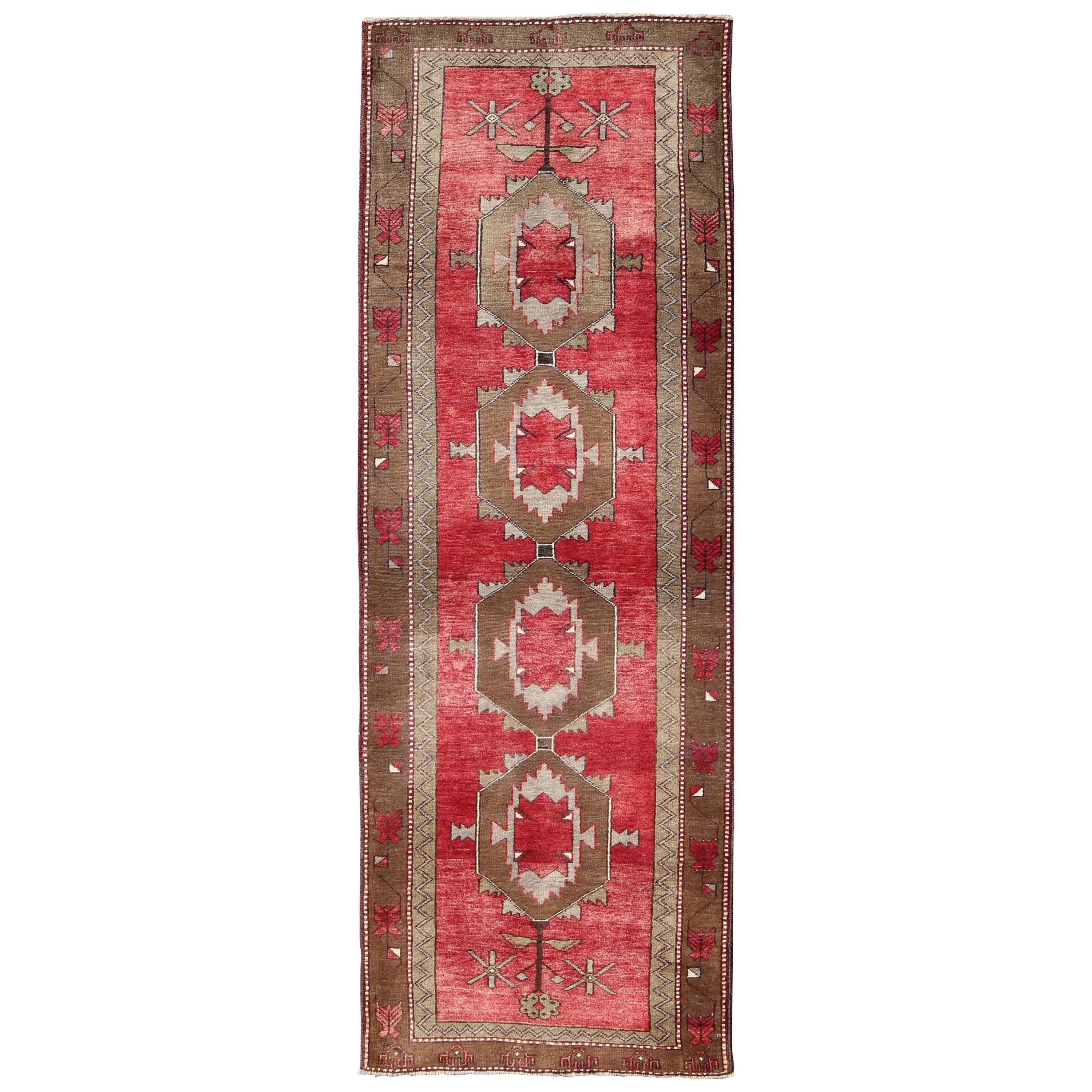 Striking Oushak Runner Turkish Vintage with Red and Brown Layered Medallions For Sale