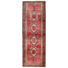 Striking Oushak Runner Turkish Vintage with Red and Brown Layered Medallions