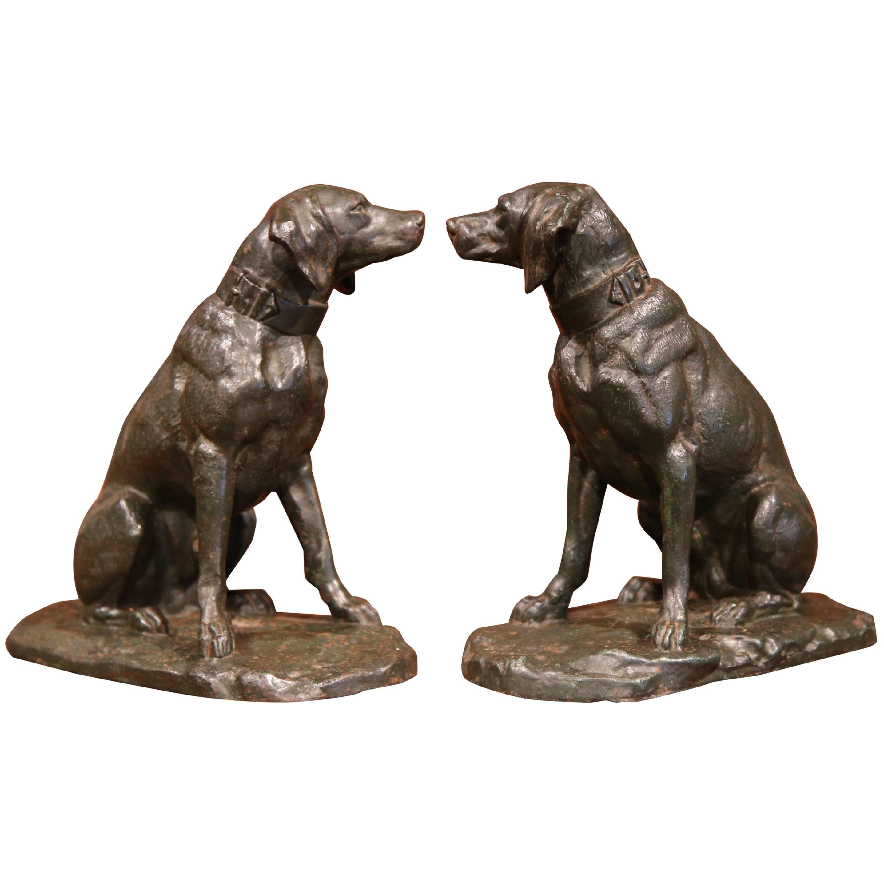 Pair of 19th Century French Patinated Bronze Labrador Dogs Sculptures