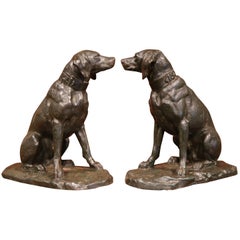 Antique Pair of 19th Century French Patinated Bronze Labrador Dogs Sculptures