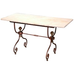 19th Century French Iron Bistrot Table with Stone Top and Bronze Mounts