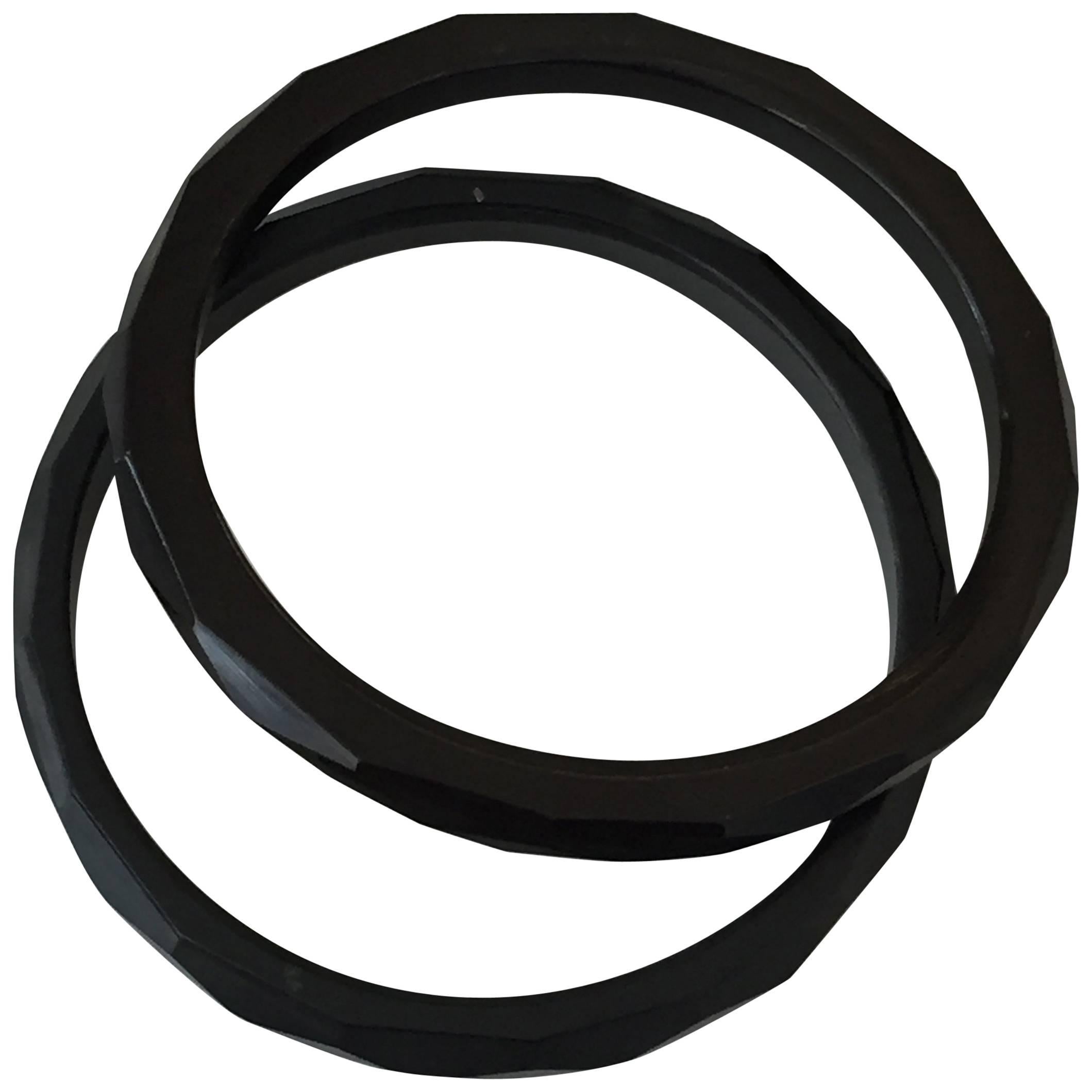 Set of Two Black Facetted Bakelite Bangles Bracelets