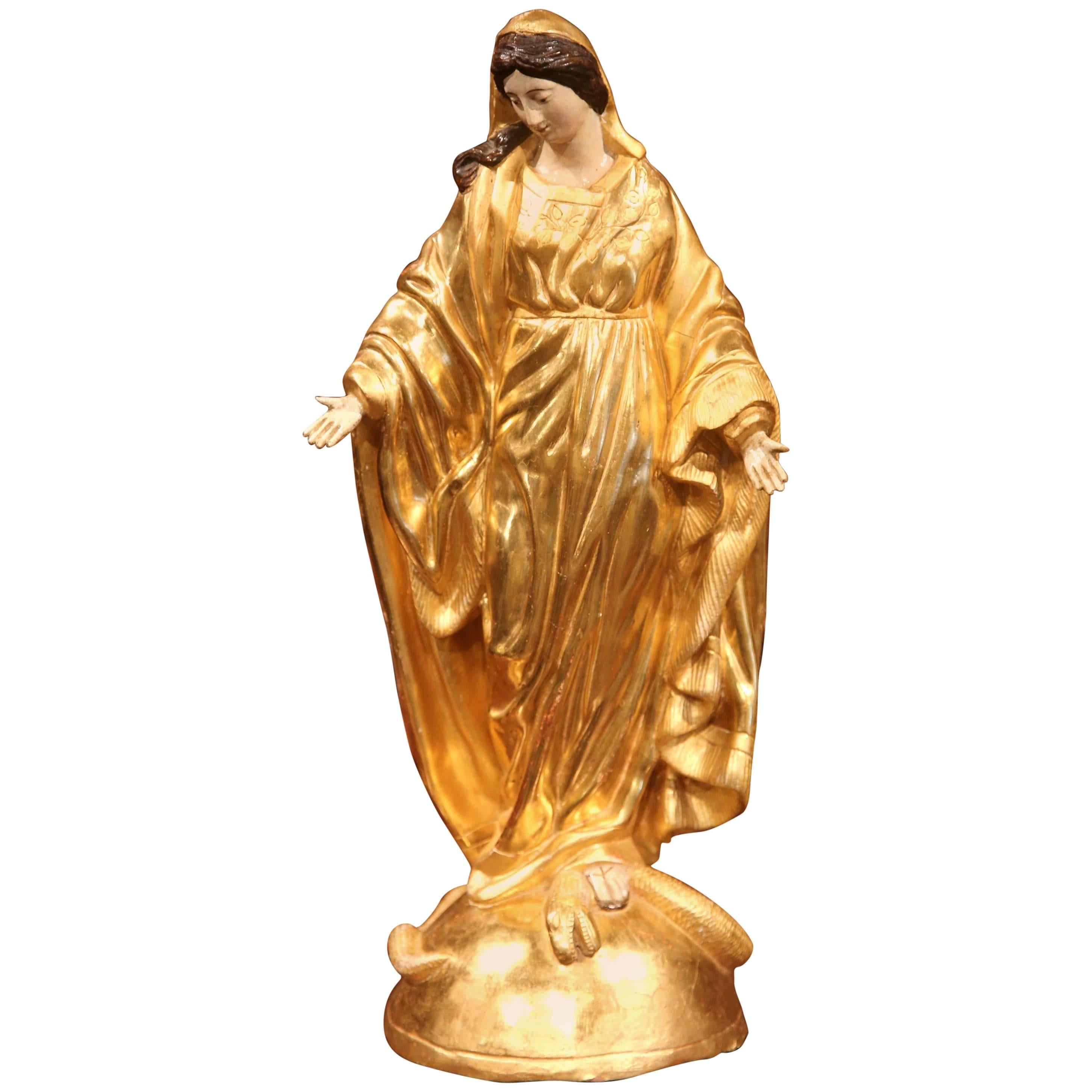 18th Century French Carved Giltwood Virgin Mary Statue Standing on Globe
