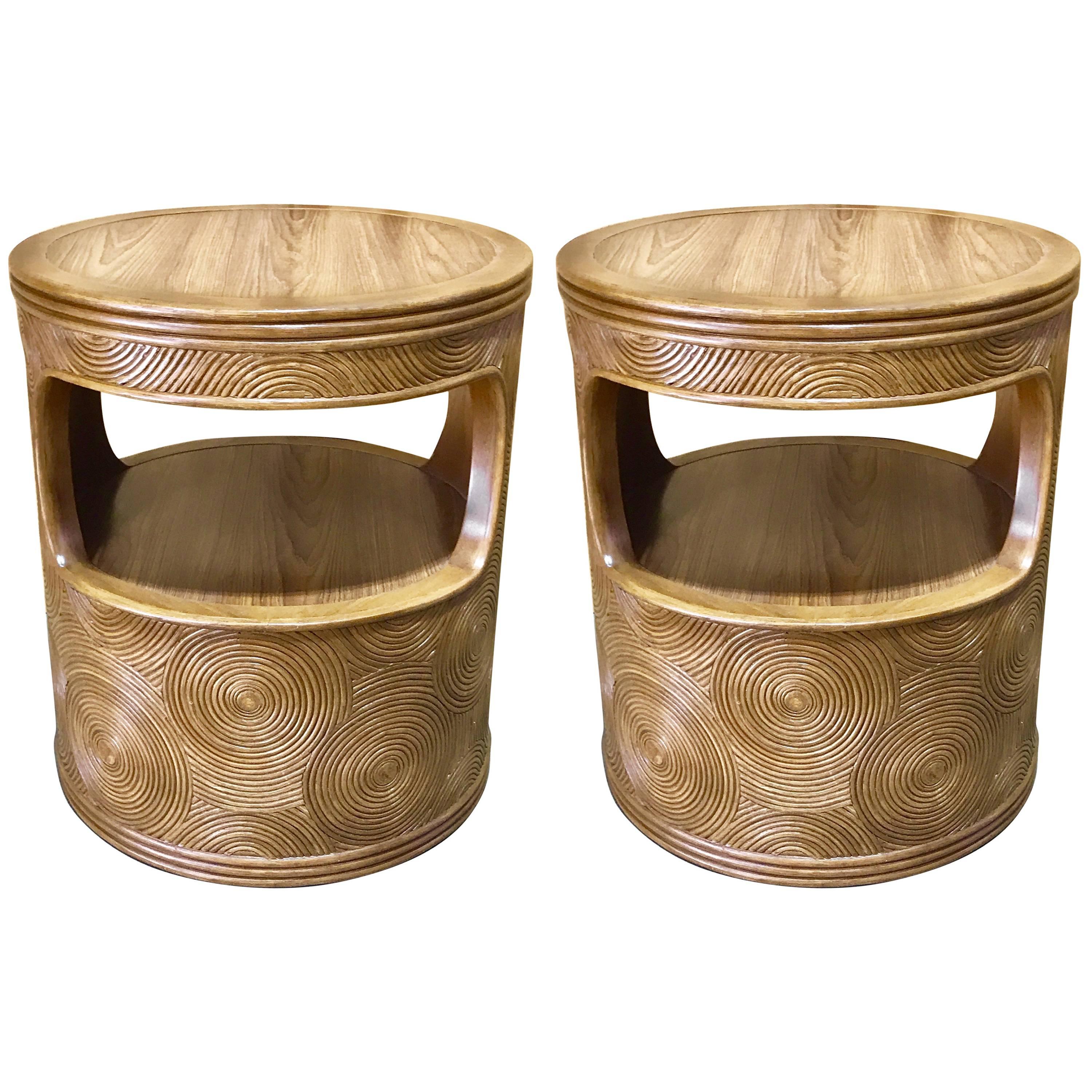 Pair of Mod Bamboo & Reed Round End Tables, in the Manner of Gabriella Crespi