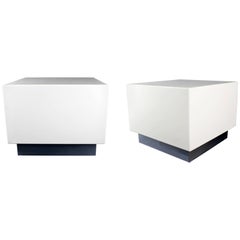 Mid-Century Modern Pair of White Lacquer Chrome Side End Tables Nightstands