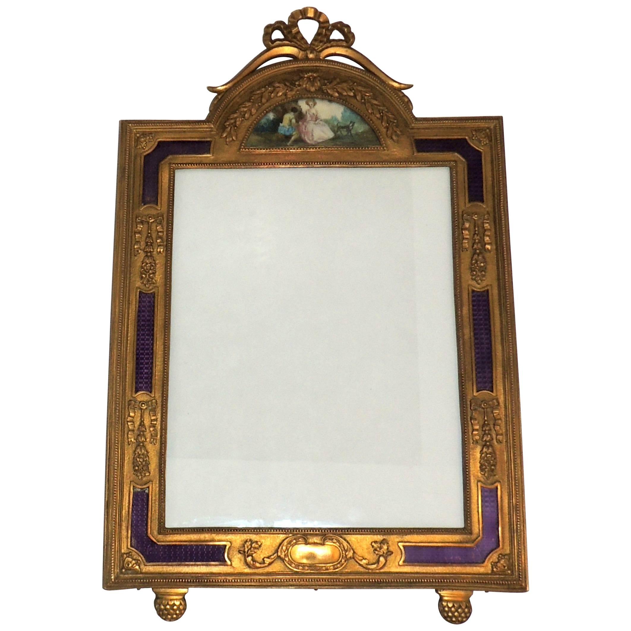 Wonderful French Ormolu Purple Enamel Gilt Bronze Bow Picture Frame Miniature For Sale