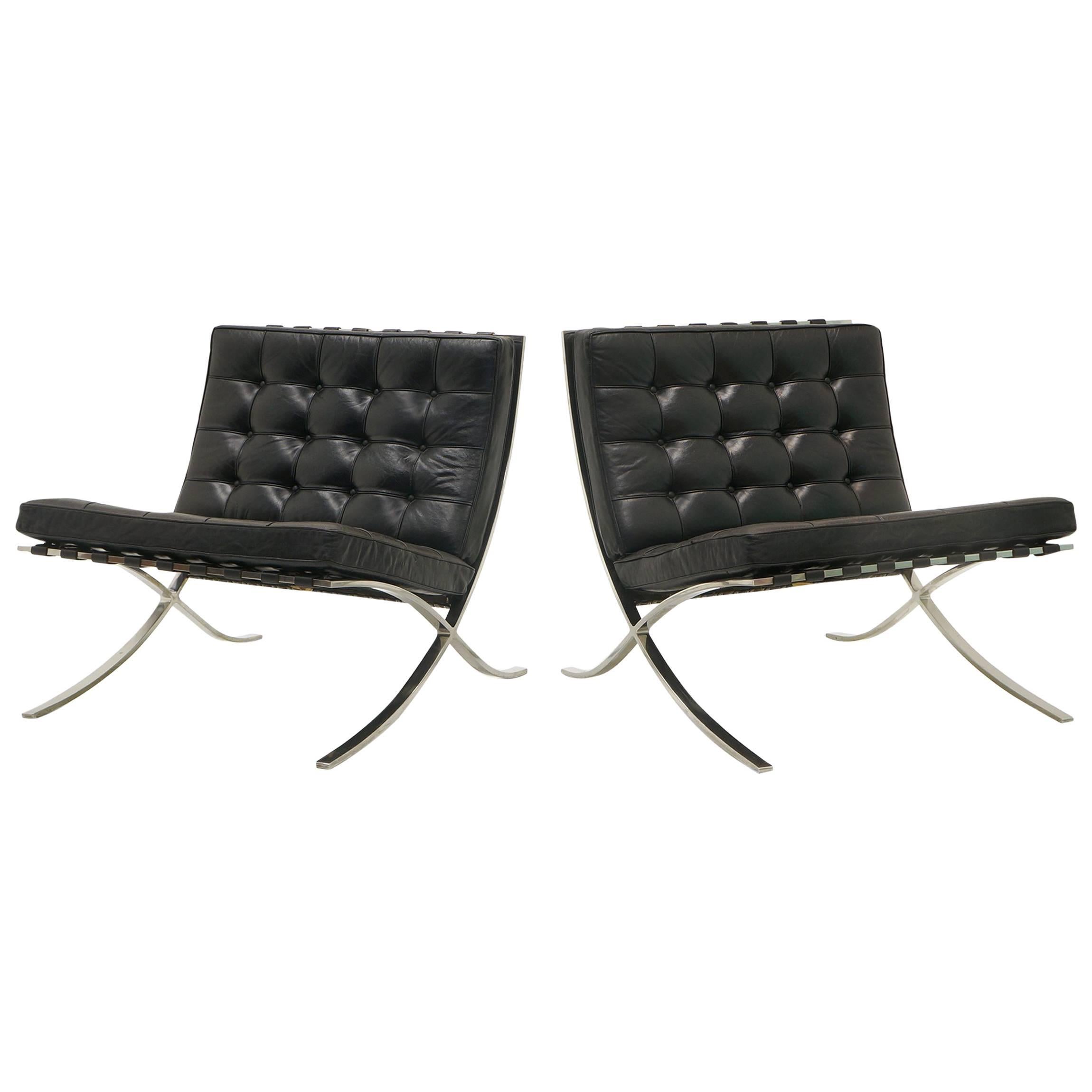 Pair of Barcelona Chairs, Early Knoll Production, Stainless and Black Leather