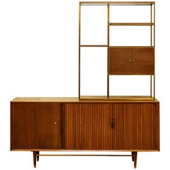 Mid-Century Modern Furnette Brass & Walnut Credenza & Shelving Unit McCobb Style