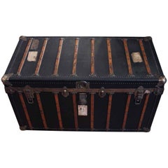 Antique 1890s Locking Black Flat Top Steamer Trunk with Key