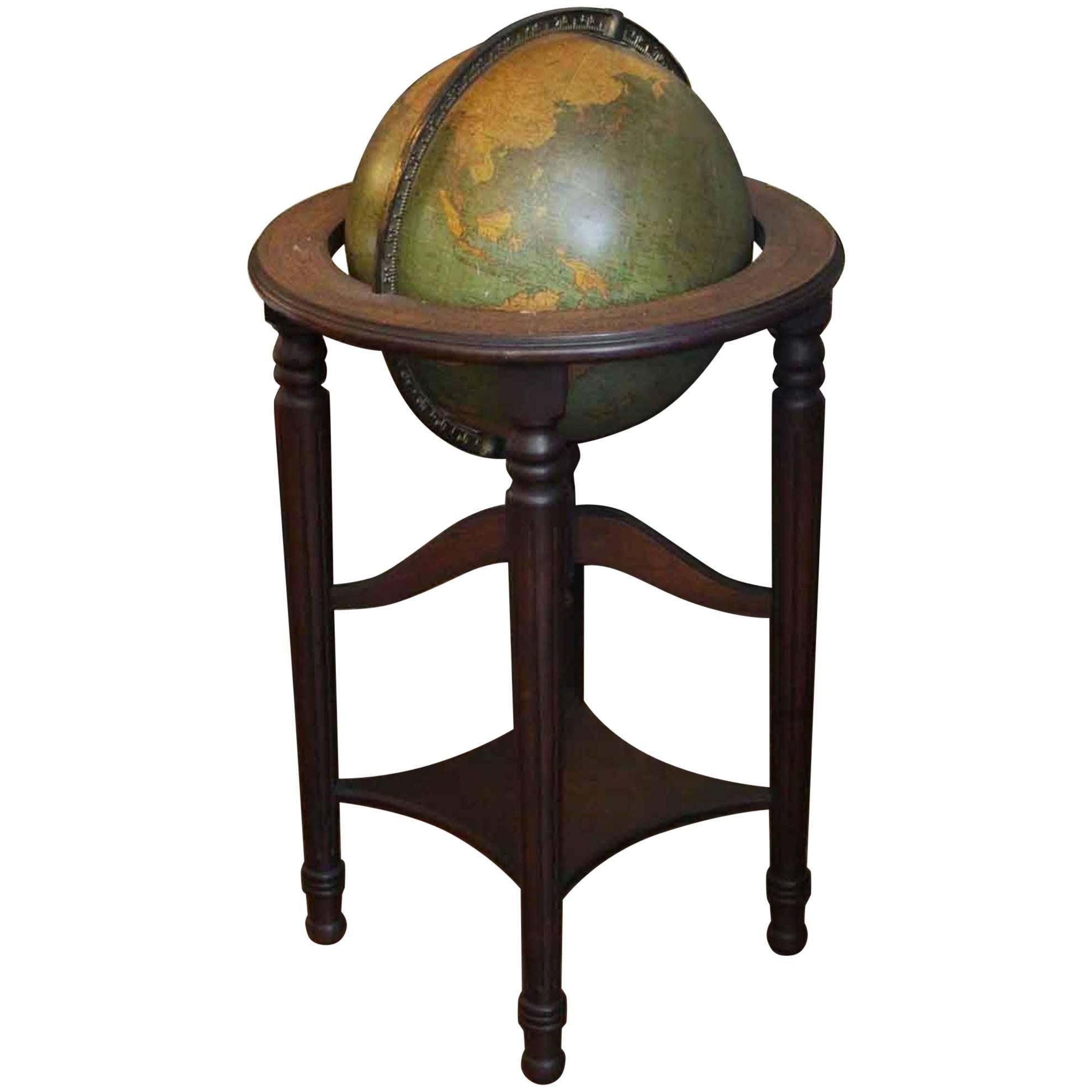 1930s George F. Cram Lighted Standing Glass Library Globe with Mahogany Base