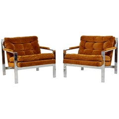 Mid-Century Modern Cy Mann Pair of Chrome Flat Bar Lounge Chairs Baughman Era