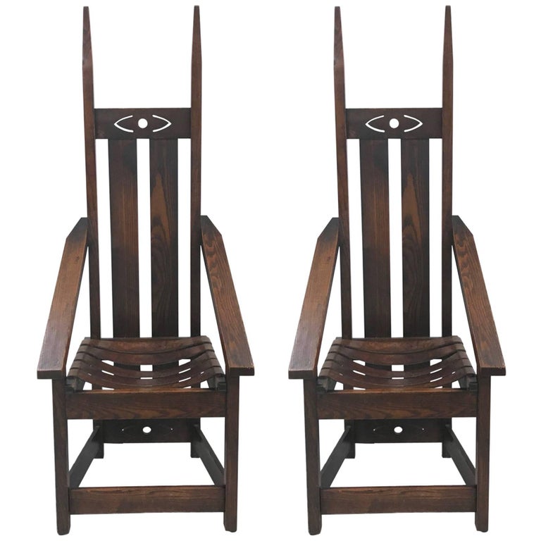 Pair of Oak High Back Mission Chairs in the Style of Charles Rohlfs For