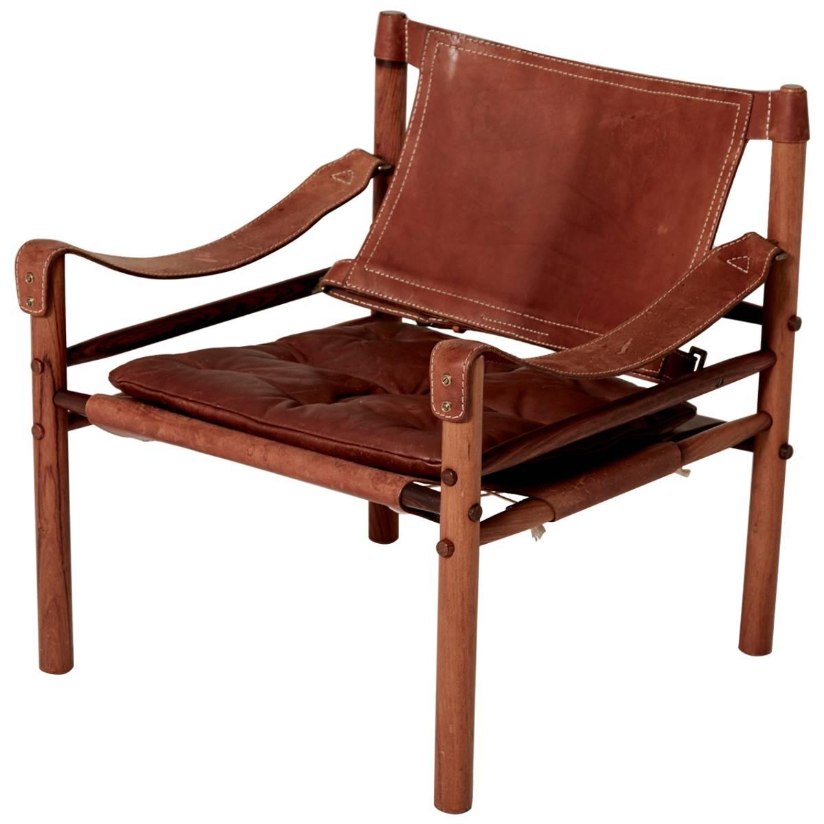 Arne Norell Safari Chair, Brown Leather and Rosewood, Sweden, 1970s