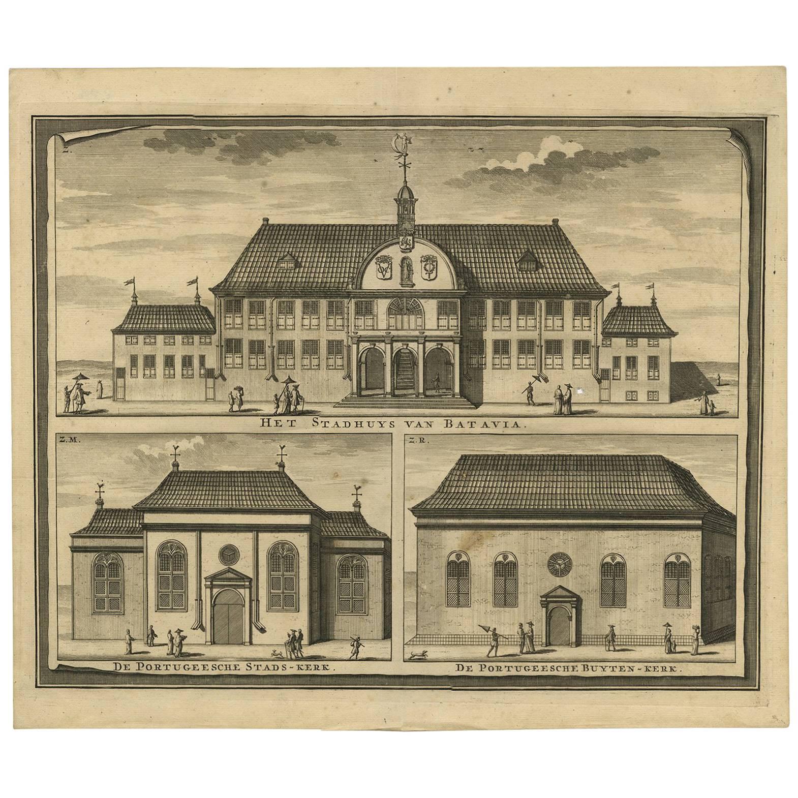 Impression ancienne de l'hôtel de ville de Batavia « Indonésie » par F. Valentijn vers 1725 en vente