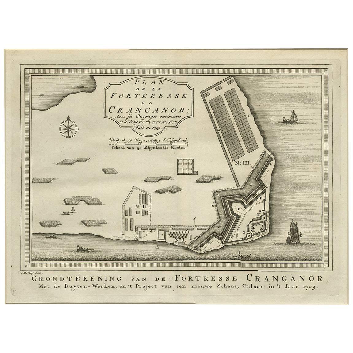 Antique Print of the Fortress Cranganor near Kodungallur in India, 1757 For Sale