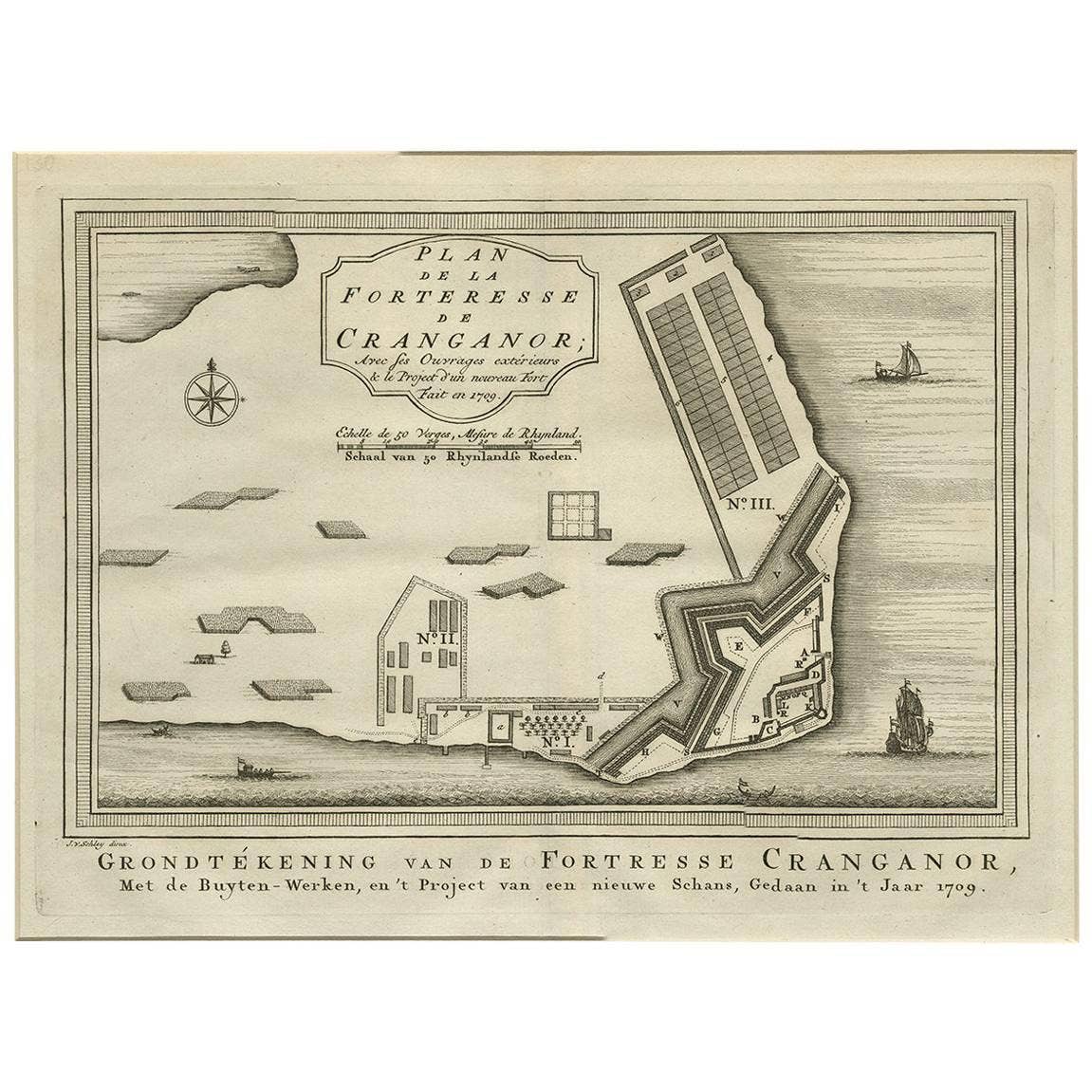 Antique Print of the Fortress Cranganor near Kodungallur in India, 1757
