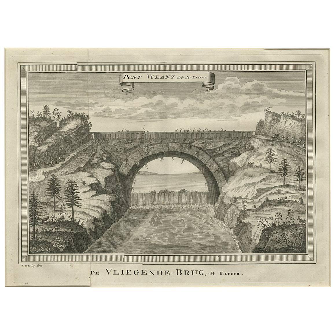 Impression ancienne du pont flottant en Chine, 1747