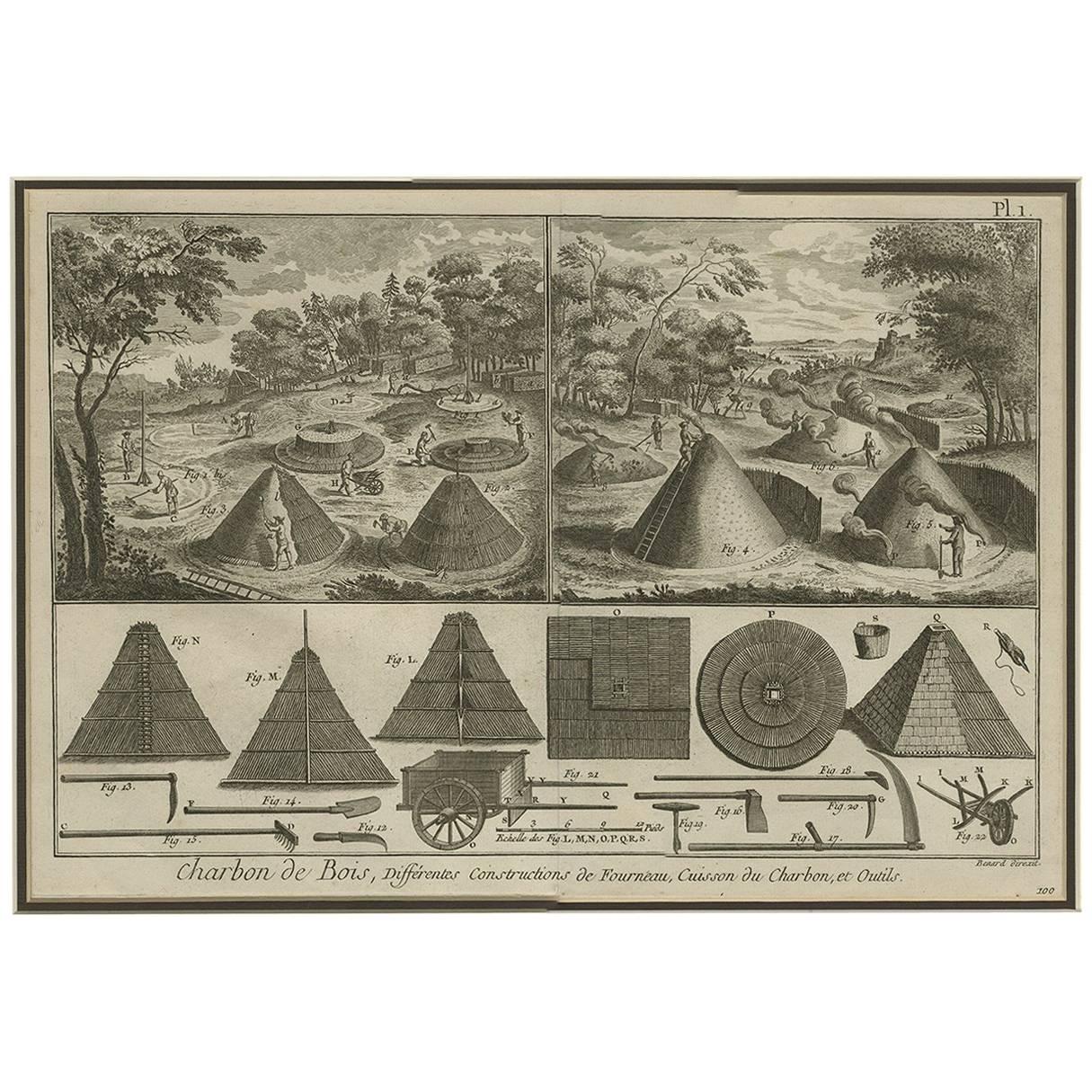 Impression ancienne illustrant l'usage du charbon de bois par R. Benard, 1779