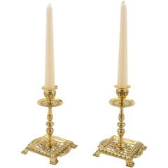 Pair of Victorian Brass Tray Based Candlesticks, circa 1890