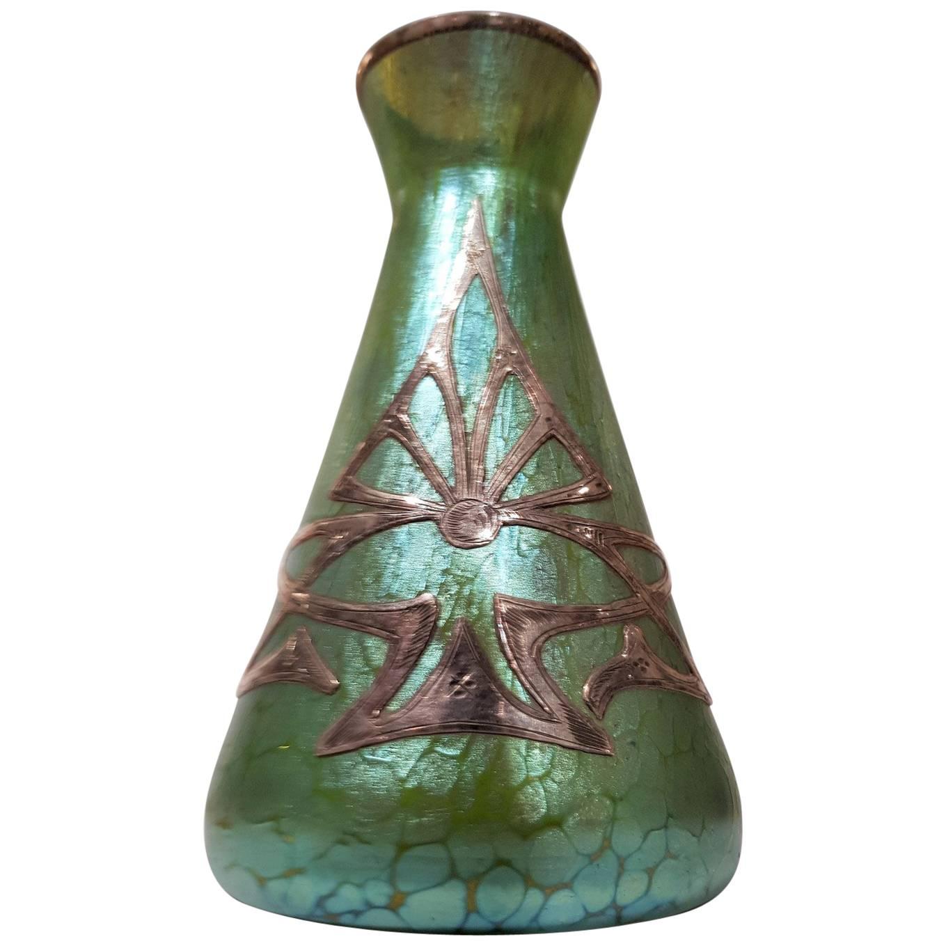 Art Nouveau/Secessionist Silvered Iridescent Glass Vase Attributed to Loetz For Sale