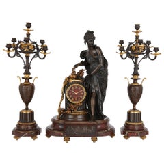 Antique Lemerle-Charpentier & Compagnie Red Marble, Gilt and Patinated Bronze Clock Set