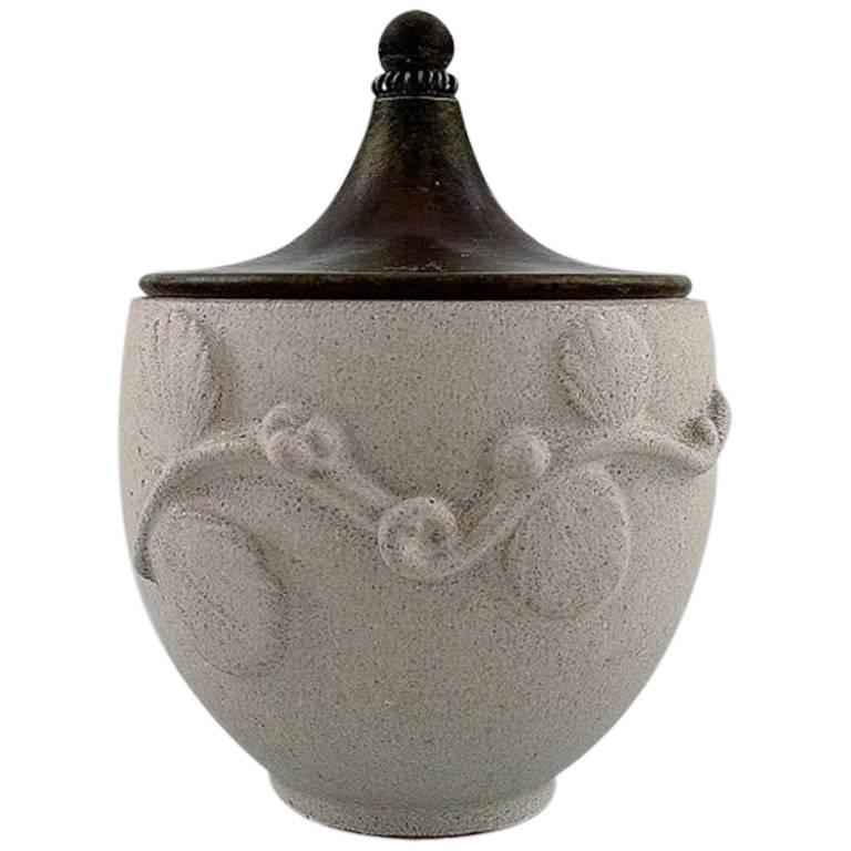 Arne Bang Jar with Lid of Glazed Stoneware with Foliage in Relief