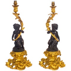 Antique 19th Century Pair of French Ormolu and Patinated Bronze Cherubs Table Lamps