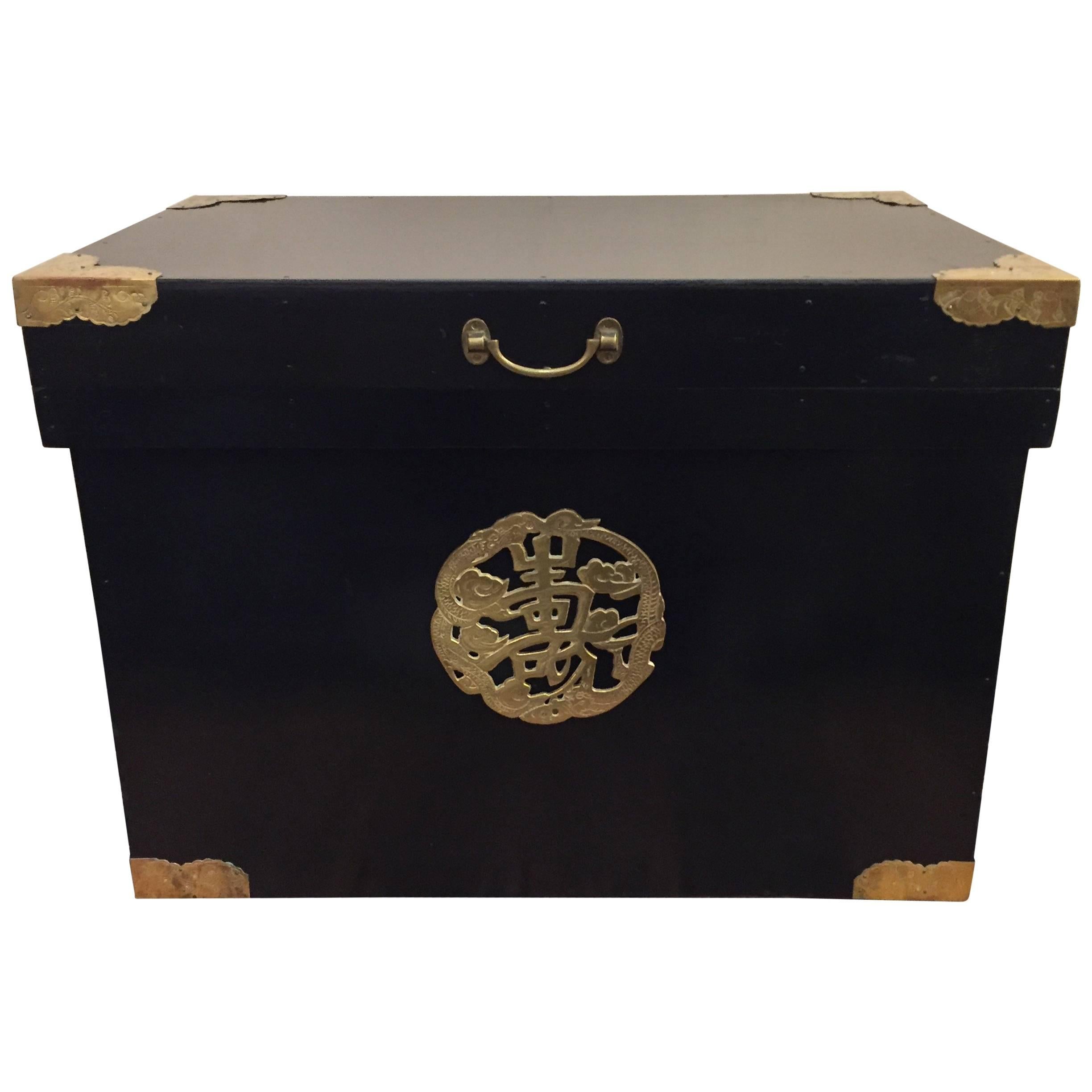 Handsome Ebonized Asian Trunk End Table with Brass Corners