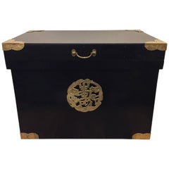 Vintage Handsome Ebonized Asian Trunk End Table with Brass Corners