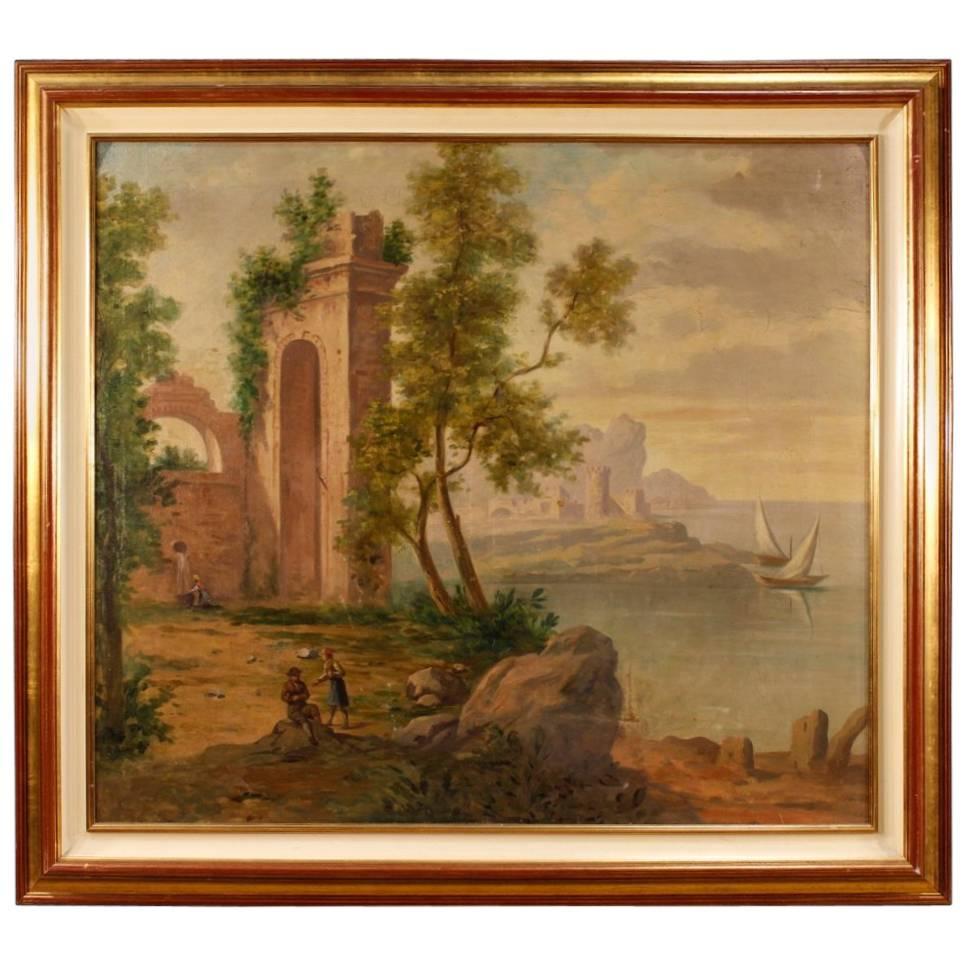 Italian Seascape with Ruins and Characters Painting Oil on Canvas, 20th Century