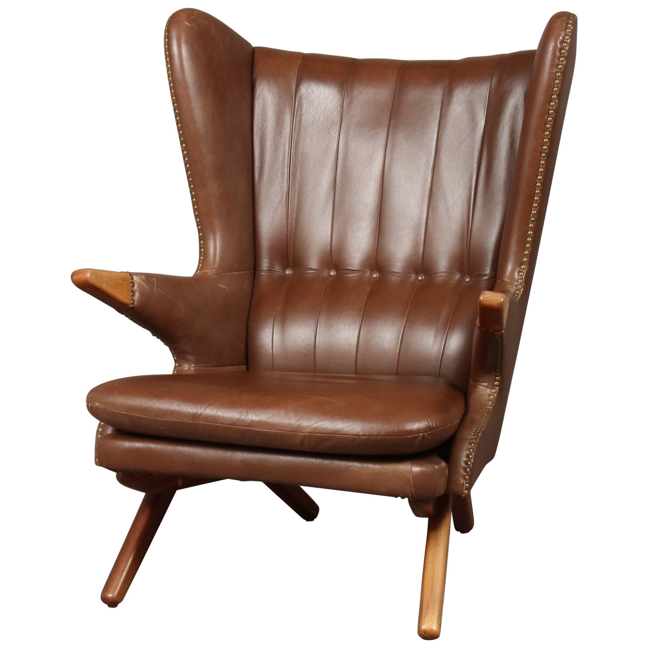 Svend Skipper Model 91 Wing Chair, Brown Leather, Seam Edge, Studded For Sale