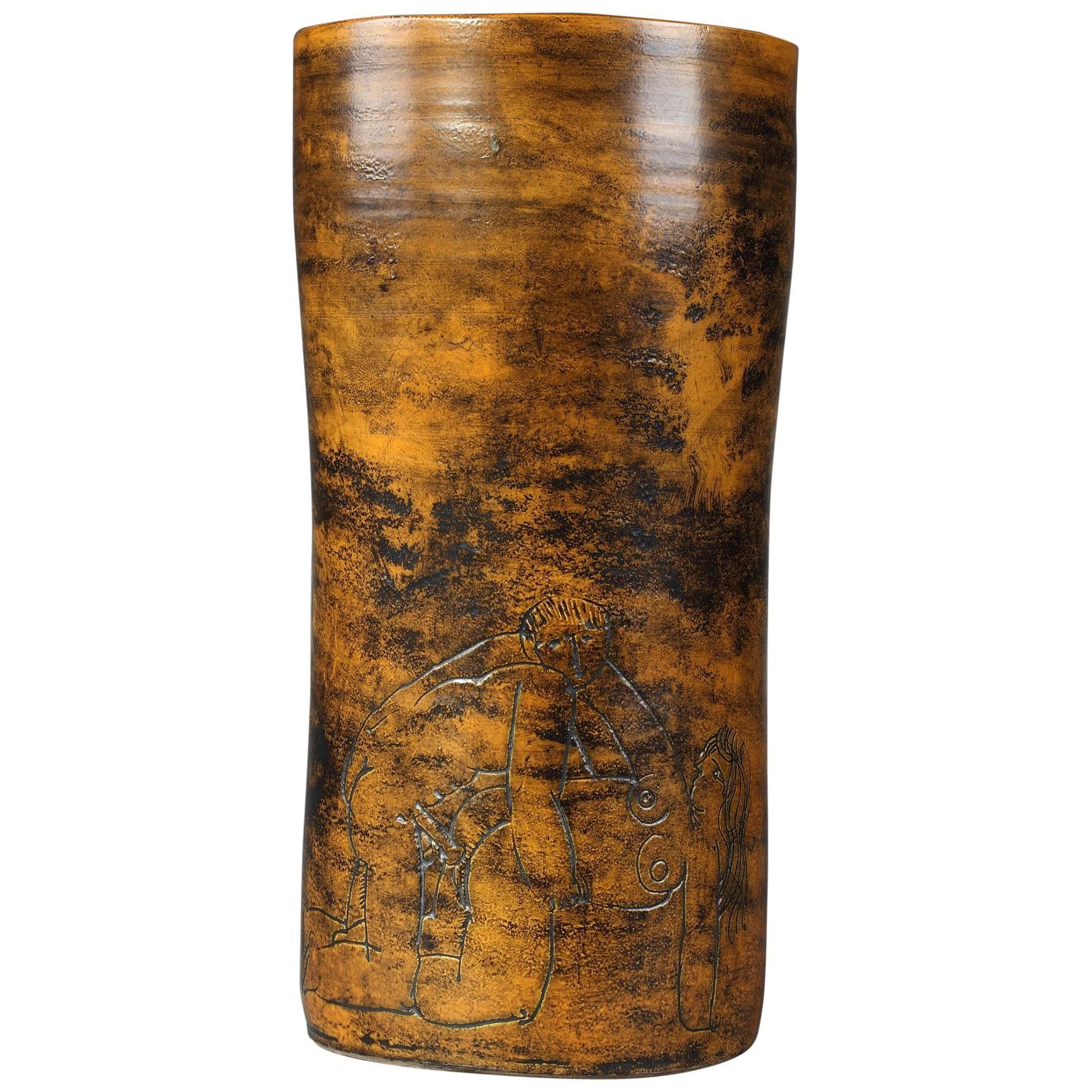 Jacques Blin Ochre Glazed Ceramic Vase with Erotic Decoration