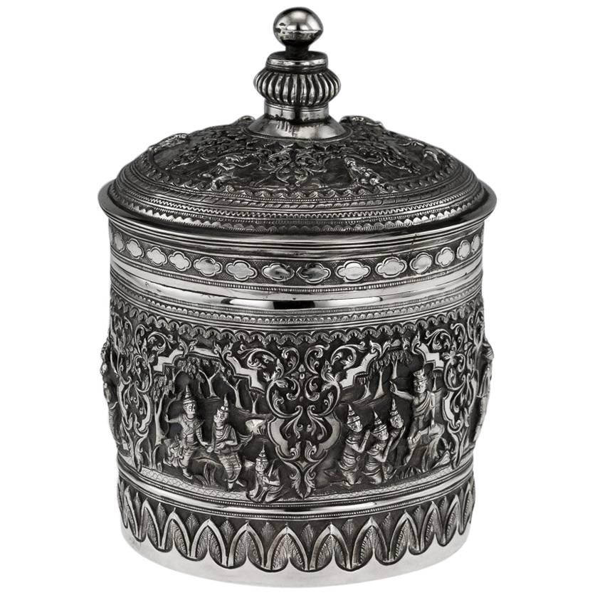 Antique 20th Century Burmese Outstanding Solid Silver Betel Box, Rangoon
