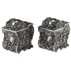 Antique 19th Century Georgian Solid Silver Chinoiserie Tea Caddies, J & J Angell