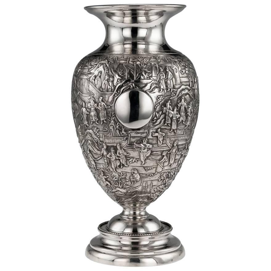 Antique 19th Century Chinese Export Impressive Solid Silver Vase, Wang Hing