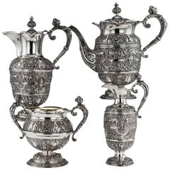 Antique 19th Century Victorian Solid Silver Cellini Tea Service, Mappin & Webb