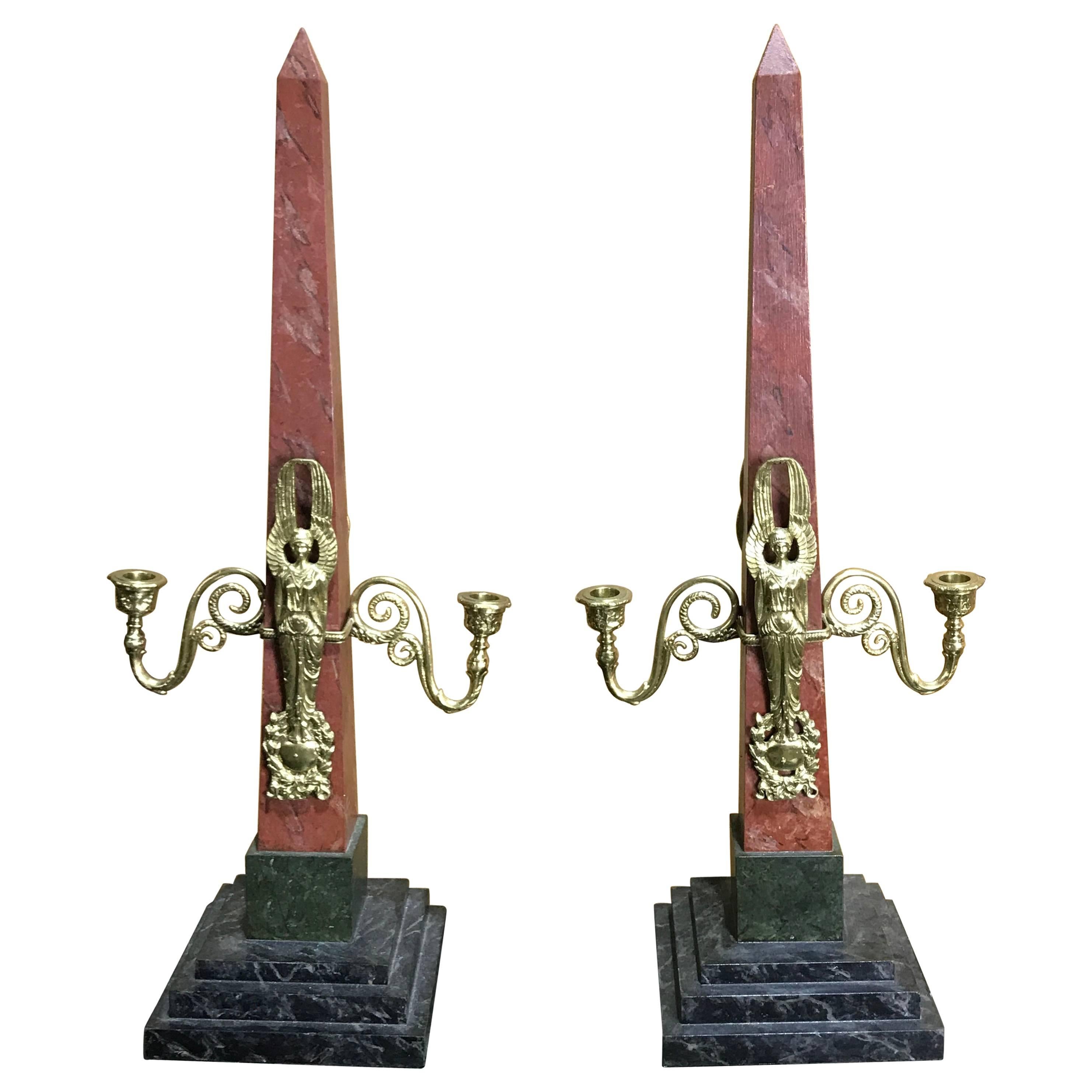 Pair of Empire Style Obelisk Two-Light Candelabra For Sale