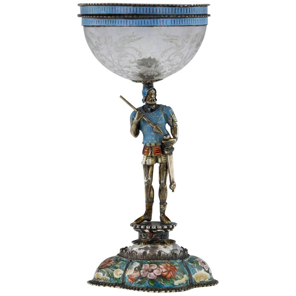 Antique 19th Century Austrian Solid Silver Enamel & Rock Crystal Cup, circa 1880